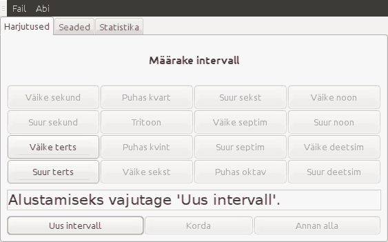 Ekraanipilt intervallide harjutusest, kui intervallide määramiseks kasutatakse programmi nuppusid.