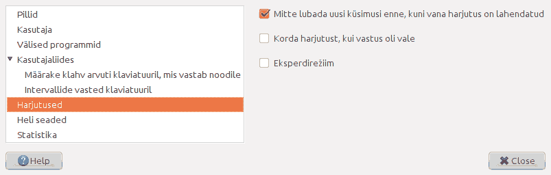 Ekraanipilt leheküljest 'Harjutused' menüüs 'Eelistused'.