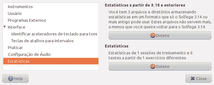 Tela da página 'Configuração de áudio' da janela de preferências.