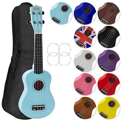 Ukulélé Soprano avec sac de transport, pic et cordes de rechange - idéal pour les écoles et les débutants, maintenant avec des cordes en fluorocarbone - Bleu clair - Mad About SU8-LBL