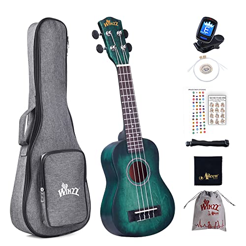 Winzz 21”Ukulélé Soprano Débutants Enfants Adultes, Couleur Unique Design Ukulélé Kit avec 6 Accessoires - Cyan Foncé