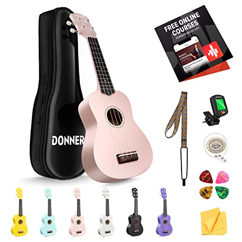 Donner Ukulélé soprano rose de 53,3 cm pour débutant, adulte avec sac de cours en ligne, sangle, accordeur de cordes, DMU-01 mat ensemble d'ukalalee série Macaron
