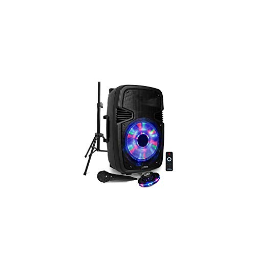 Enceinte Active Sono Mobile DJ PA Karaoké 800W USB-BT-FM-SD Support PIED Micro Télécommade + Jeux Ovni LED