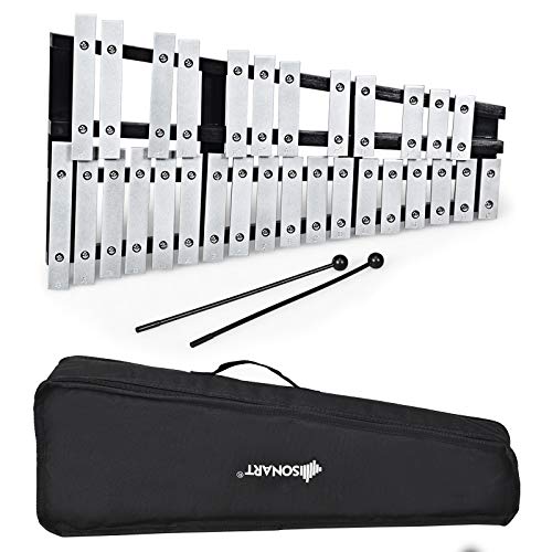 GOPLUS Glockenspiel de 30 Notes Pliable, Xylophone en Aluminium et Bois, Percussion Piano à 30 Tons, Instrument Musical Educatif et Professionnel pour Enfant, Portable avec Sac, Argenté