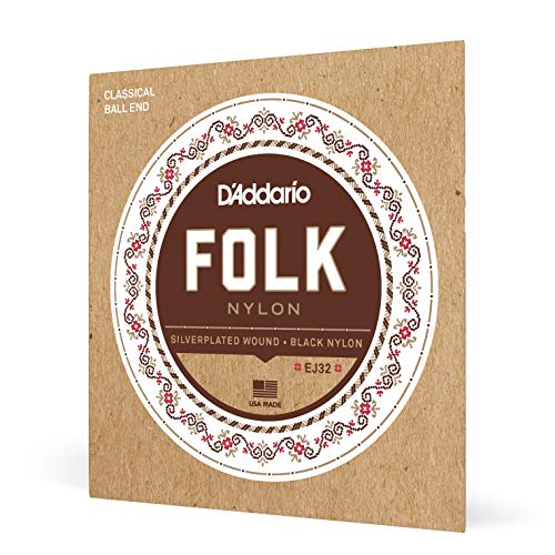 D'Addario Cordes en nylon pour guitare folk D'Addario EJ32, extrémité à boule, filet en argent/cordes aiguës en nylon noir