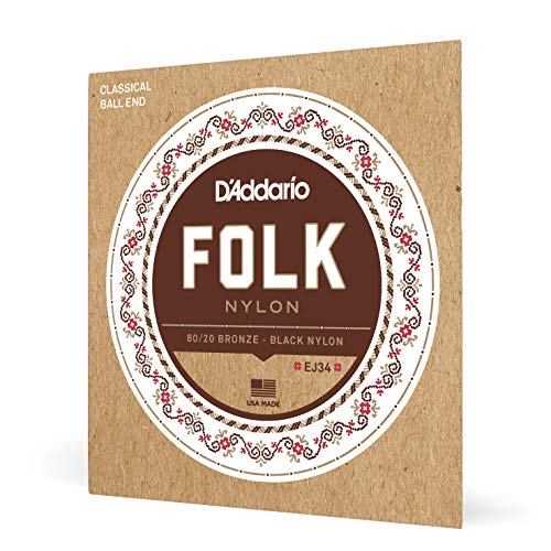 D'Addario Cordes en nylon pour guitare folk D'Addario EJ34, extrémité à boule, bronze 80/20/cordes aiguës en nylon noir