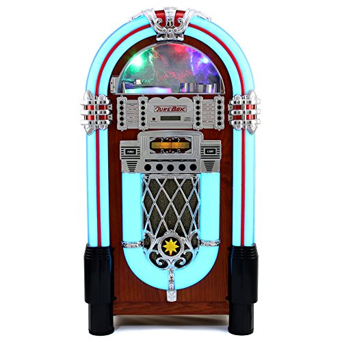 MonsterShop – Jukebox Style Rétro Années 50 à Eclairages LED Couleurs Changeantes avec Port USB, Bluetooth, AUX, Lecteur CD, lecteur de carte SD, Radio AM/FM