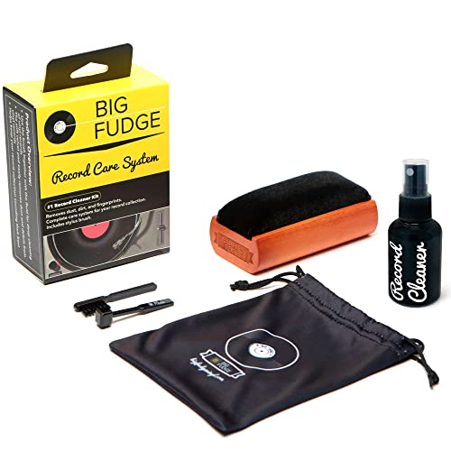 BIG FUDGE 4 en 1 Kit Nettoyage Vinyle - Inclut Brosse No-Scratch en Velours pour Disque, Brosse pour Stylet, Solution de Lavage XL & Pochette - Entretien Disque Vinyle
