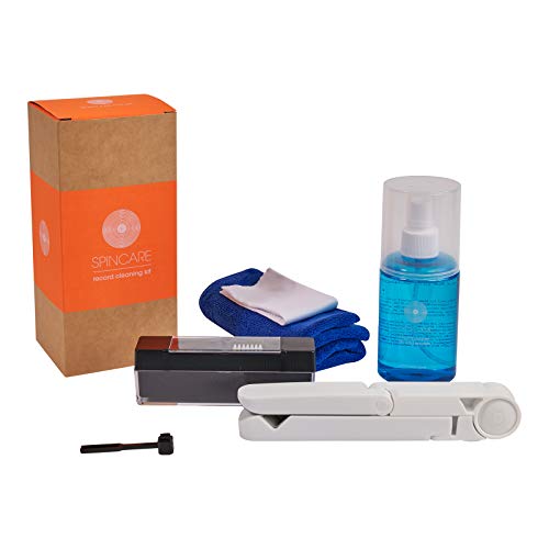 Kit Nettoyage Vinyle par SPINCARE | 5-en-1 Nettoyante pour LP Disques Vinyle, Antistatique Tampon Nettoyant en Velours, Support De Séchage/Présentoir Et Brosse pour Pointe De Lecture