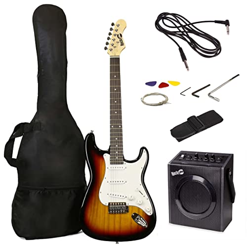 RockJam Kit de guitare électrique Taille complète avec ampli de guitare de 10 watts, cours, sangle, sac de concerts, choix, cordes de plomb et de rechange - Sunburst