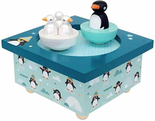 TROUSSELIER - Pingouin & ses Bébés - Boîte à Musique Dancing - Idéal Cadeau de Naissance - 2 Figurines Amovibles - Fonctionnement Simple - Musique La Vie en Rose de Edith Piaf - Colori Vert