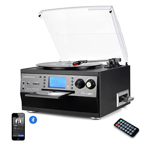 DIGITNOW! Platine Vinyle Bluetooth Tourne-Disque USB mp3 et Fonction Encodage Classique Lecteur CD avec Cassette FM Radio,3 Vitesses 33/45/78 RPM Haut-parleurs Intégrés Chaîne Stéréo