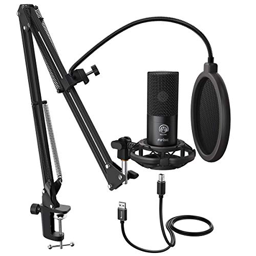FIFINE Studio Microphone USB à Condensateur pour Ordinateur, Kit de Microphone avec Bras de Ciseau Réglable Support de Suspension - T669