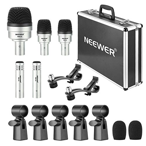 Neewer Microphone Dynamique Kit de 5 - Kick Bass, Tambour/Caisse Claire et Cymbales, Instruments Vocaux et Autres, Pince à Fil, Inserts, Porte-micros et Etui de Transport Rigide Inclus