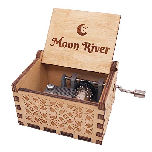 Mini boîte à musique en bois avec manivelle gravée à la main pour Noël, la Saint-Valentin, 18 notes (Moon River)