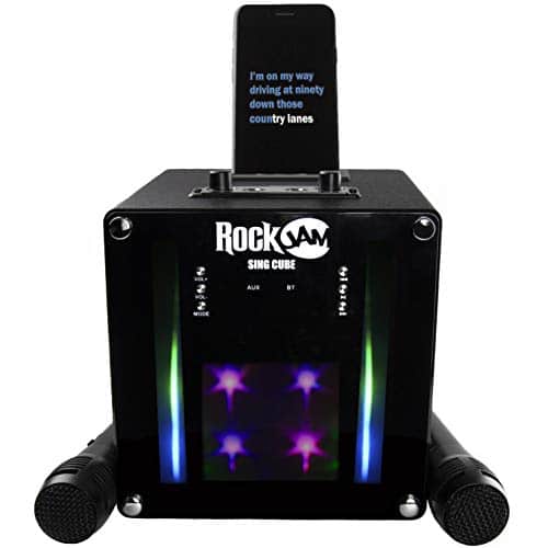 RockJam Singcube Machine à karaoké 5 W Bluetooth rechargeable avec deux microphones, effets de modification de voix et lumières LED