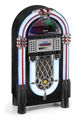 Karcher JB 6608D Jukebox (avec Tourne-Disque, Lecteur CD et Streaming Audio Bluetooth, Radio FM et Dab+ avec mémoire des Stations, Lecture MP3 Via USB ou Carte SD, Lightshow) Noir