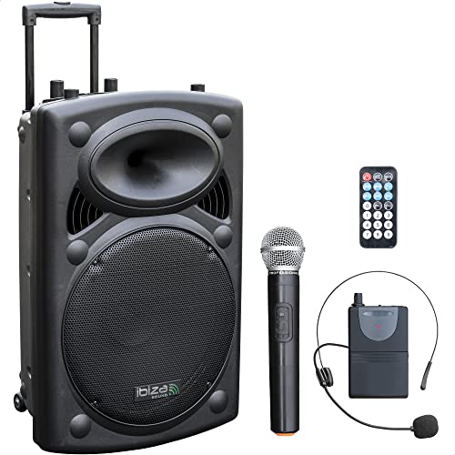 Ibiza - PORT15VHF-BT - Enceinte Portable 15"/800W Max avec 2 micros (VHF), télécommande et Housse de Protection - Bluetooth, USB, SD - Autonomie de 6 à 8h - Speaker Box