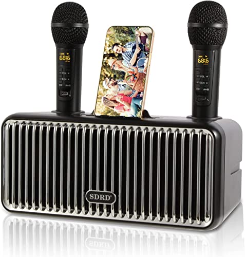 Machine de karaoké, Haut-Parleur de karaoké Bluetooth avec 2 Microphones sans Fil, Haut-parleurs de fête, Machine à Chanter karaoké avec Support de téléphone Portable, Prise en Charge TWS,TF, AUX