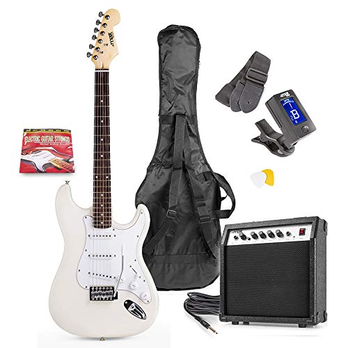 MAX Pack Guitare Électrique GigKit avec Amplificateur 40 Watts - Blanc, Livré avec de Nombreux Accessoires, une Housse, des Médiators et un Accordeur Numérique, Idéal pour les Débutants