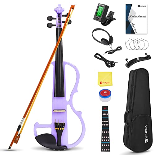 Vangoa 4/4 Électrique Violon Silencieuse Violon Pleine Grandeur Full Size Violin pour Débutants Étudiants Adultes Adolescents avec Kits de Démarrage, Violet