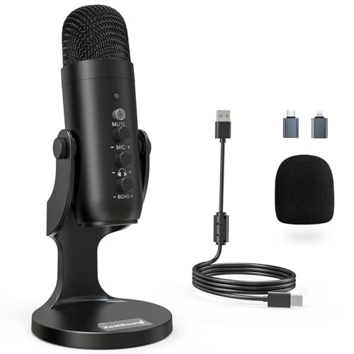 zealsound USB Microphone à Condensateur, Micro Gaming pour PC Phone Ordinateur Portable et PS4&5, avec Muet/Écho/Réduction du Bruit, pour Streaming, Enregistrement,Vocal,Podcast,Twitch, ASMR,K66 Noir