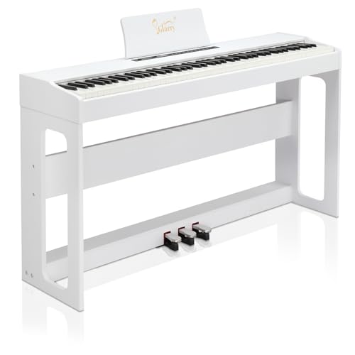 LEADZM Piano Numérique 88 Touches, Clavier Entièrement Lesté, Piano Électrique avec MIDI-USB, Bluetooth et Haut-Parleurs Stéréo, 128 Sonorités et Rythmes, Système à 3 Pédales, Blanc