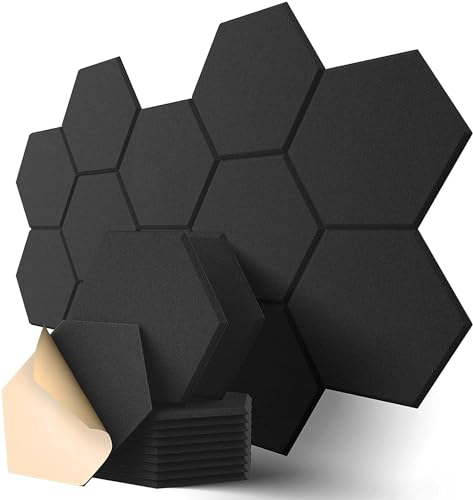 Panneaux Acoustiques Hexagonal Auto-Adhésif, 12 Pack Mousse Acoustique Haute Densité pour la Décoration Mur/Porte/Plafond et le Traitement Acoustique, Insonorisation Phonique Mur (30x26x0.9cm)