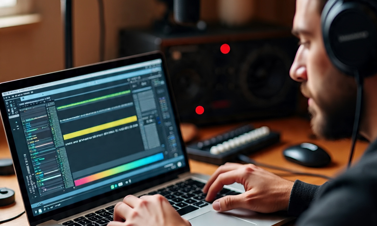 une personne avec des écouteurs en train de créer de ma musique via son macbook