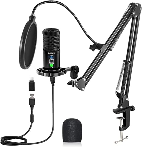 Aveek Microphone de USB à Condensateur pour PC, PS4,Mac et Téléphone, avec Muet et Suppression du Brui,Polaire cardioïde,pour Gaming, Streaming, Podcasts, Twitch, Youtube, Discord