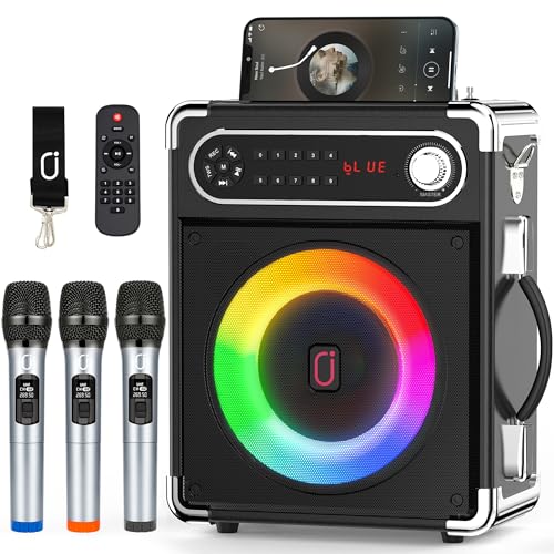 JYX Machine de Karaoké, avec 3 Microphones sans Fil et lumières DJ, Bluetooth Speaker pour Les réunions de Famille/Le Camping en Plein air/la fête sur la Plage
