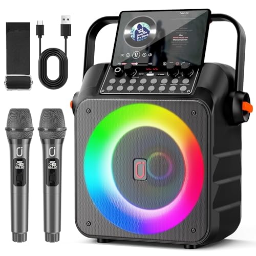 HWWR Karaoké Machine avec 2 Microphones, Karaoké Professionnel Portable Bluetooth avec LED Haut-Parleur Amplifié Portable Système Karaoké Soutien REC/USB/TF/AUX