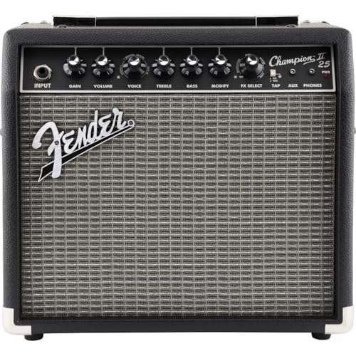Fender Champion II 25, Amplificateur Combo pour la Guitare Électrique, 25W avec Plus de Puissance, Effets et Modèles d'ampli Améliorés, Noir/argenté, Entrée auxiliaire, Sortie Casque et Port USB