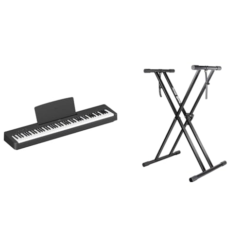 Yamaha P-145 Piano numérique léger et portable avec clavier Graded-Hammer-Compact à 88 touches & RockJam Support pour clavier pré-assemblé double embase RockJam Xfinity avec sangles de sécurité