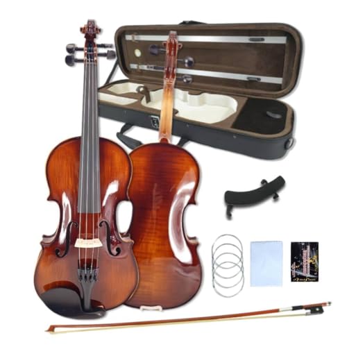 WUQIMUSC Violon 4/4 complet pour débutants, adultes, étudiants, épicéa vieilli, violon en bois massif, fixations en ébène avec étui rigide, épaulière, archet, accordeur, cordes supplémentaires (marron