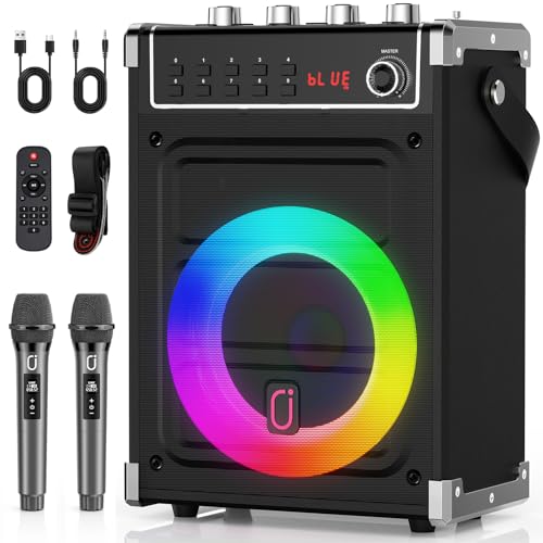 JYX Machine de Karaoké, Enceintes de Karaoké Professionnelles avec 2 Microphones sans Fil et Lumières de Fête DJ, Supporte Le Système de Karaoké Portable TWS/AUX/FM/USB/TF Card.