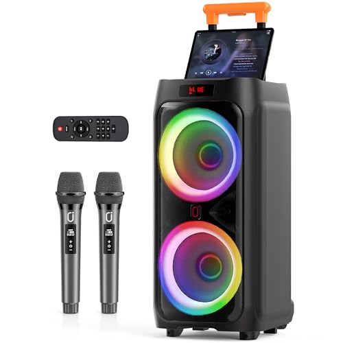 HWWR Machine de Karaoké avec 2 Microphones sans Fil pour Adultes,Enceinte Bluetooth Puissante avec Subwoofer 8", Système PA avec Lumières DJ,Idéal pour Les Fêtes en Plein Air.