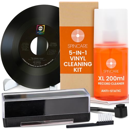 Kit Nettoyage Vinyle par SPINCARE | 5-en-1 Nettoyante pour LP Disques Vinyle, Antistatique Tampon Nettoyant en Velours, Support De Séchage/Présentoir Et Brosse pour Pointe De Lecture