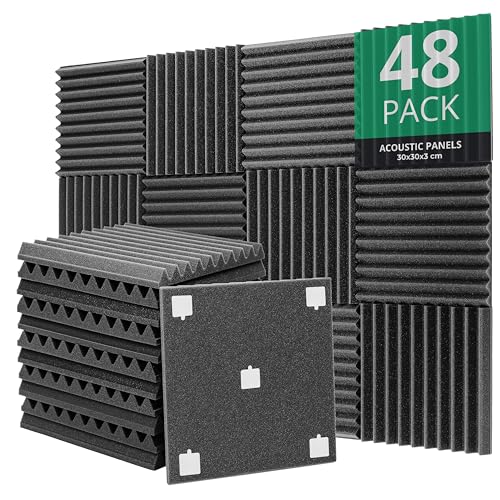 ROVSON 48 Panneaux de Mousse Acoustique avec Autocollants, 30x30x3cm, Mousse Anti-bruit Panneaux Acoustiques Ignifuges pour Studios D'enregistrement, Bureaux, Studios de Danse, Streamers