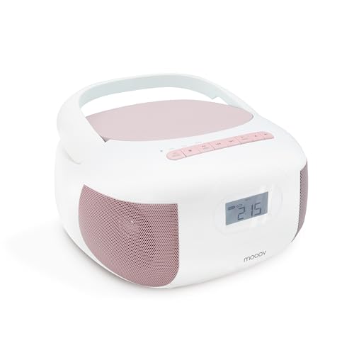 MOOOV 477185 Lecteur CD Radio FM Portable Bluetooth - Poste Boombox Stéréo MP3 Entrée USB, AUX-in, Micro-SD, Prise Casque, Ecran LCD - Alimentation Secteur ou Pile - Rose