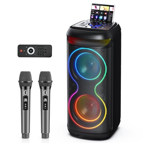 HWWR Machine de Karaoké avec Microphones pour Adultes, Grande Enceinte Bluetooth pour Fêtes avec Lumières Disco LED, Compatible TWS/USB/AUX/Carte TF, Idéal pour Extérieur, Maison et Scènes
