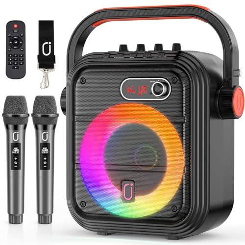 JYX Machine de karaoké avec 2 Microphones sans Fil, Enceinte Karaoke Complet avec Lumières de fête, Portable Système Karaoké Support TWS/AUX/FM/USB/TF Carte