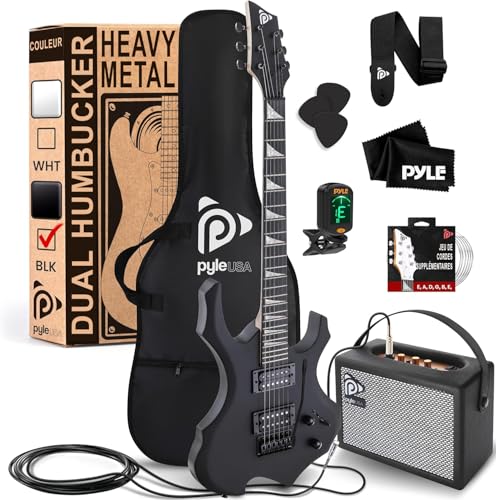 Pyle Guitare Electrique Heavy Metal EG Fire avec Kit Amplificateur-Guitare- Instrument Taille Complète avec Ampli de Pratique & Accessoires, Noir Mat