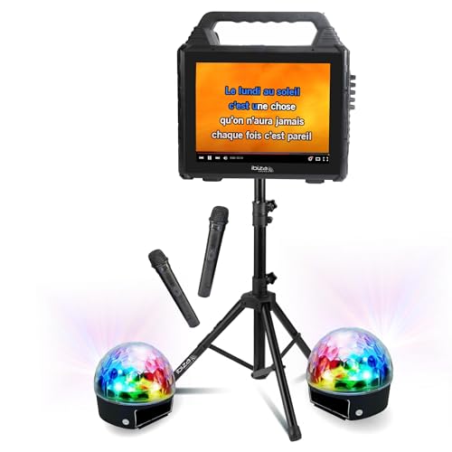 Ibiza - Pack Karaoké Enceinte Ecran USB Bluetooth KARAVISION sur Pied - 2 Effets Lumière Party-ASTRO6 - Evénements Soirée