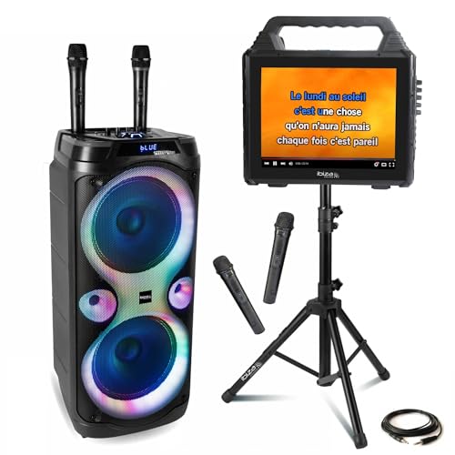 Ibiza - Pack Karaoké Enceinte Ecran Portable Ibiza KARAVISION sur Pied - Enceinte USB Bluetooth TWS 1000W Columba-Karaoke - 4 Micros VHF