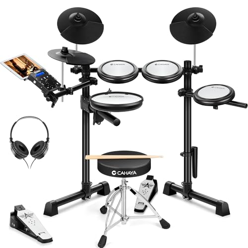 CAHAYA Kit de Batterie Électronique avec Tabouret: Batterie Électronique Portable avec Peaux Maillées Silencieuses 350 Sons Intégrés, Compatibilité USB/MIDI et Casque, Idéale pour Enfants et Débutants