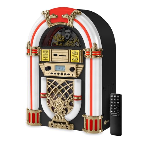 Arkrocket Athena Mini Jukebox/Haut-parleur Bluetooth/Radio/USB et lecteur de cartes SD avec système d'éclairage LED rétro Noir doré