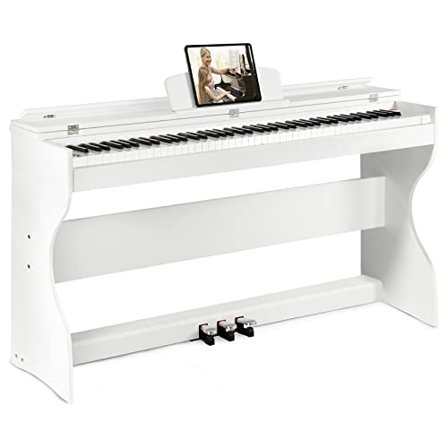 MUSTAR Piano numérique 88 touches, Piano électrique blanc, Piano électrique avec support de piano, adaptateur 3 pédales, 2 prises casque, écran LCD, USB/MIDI, Piano pour débutants