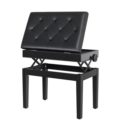 HOMCOM Banc de Piano, Banc de Clavier réglable en Hauteur en Bois Massif, Tabouret Piano avec Compartiment de Rangement, siège rembourré polyuréthane à 10 Boutons, Stable et antidérapant, Noir