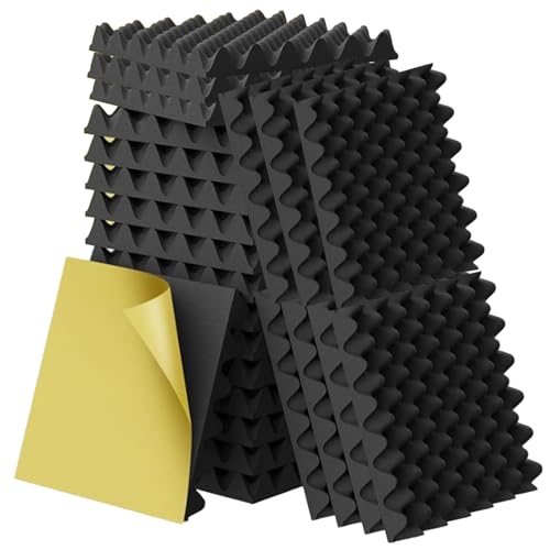 WAVATA Lot de 24 panneaux acoustiques en mousse pyramidale - Panneaux acoustiques - Insonorisation - Mousse acoustique - Autocollants - 30 x 30 x 5 cm - Absorbeur acoustique - Pour studio, bureau
